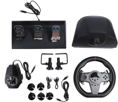 XTevu Rueda de carreras, controlador de dirección de juego con palanca de cambios de pedal y retroalimentación LED para PC y simulación de conducción de interruptor