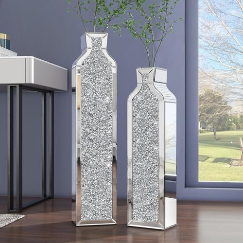SHYFOY Set de 2 jarrones de pie de espejo con diamante triturado – Modernas jarrones decorativos grandes de cristal plateados para salón, dormitorio, oficina, 61 cm y 76 cm