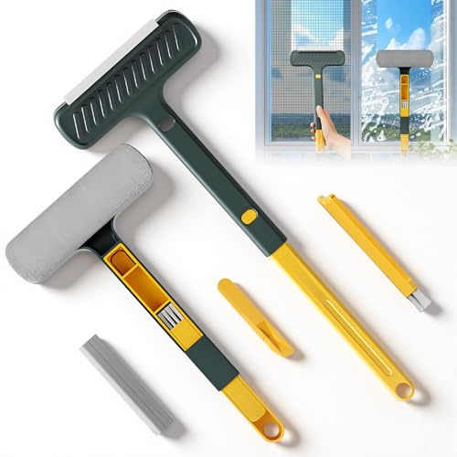 2 Limpiacristales Telescopico (29/40 cm) Rasqueta Limpiacristales 3 en 1 Limpiar Cristales Ventanas por Fuera Para Rieles Espejos de Ventana Pelos de Animales Húmedo Y Seco Cepillo para Ranuras/Paleta