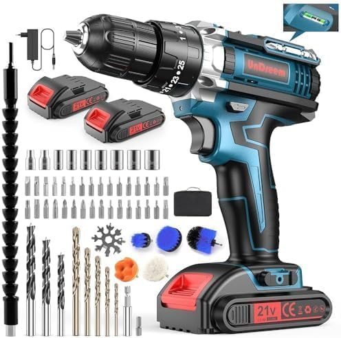 Taladro Atornillador Inalámbrico 21V 3 en 1 – Juego de 61 Accesorios, 2 Baterías & Cargador Rápido, 45 Nm – Multifuncional para Taladrar, Atornillar & Proyectos del Hogar