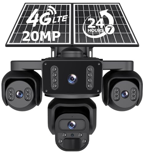 SHIWOJIA 4G AOV Solar Camera 【Four Lens】, 20100 mAh Outdoor Wireless Camera, 20MP HD Person Detection, 24/7 Continuous Recording, IP66 Color Night Vision, 14W Solar Panel