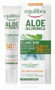 Equilibra Aloe Ialuronica Fluido Viso Quotidiano SPF 50+, 40ml, Azione 2in1 | con Acido Ialuronico e Vitamina E, 2in1 Idrata e Protegge, Difende da UVA/UVB e Luce Blu, Adatto a Pelli Sensibili