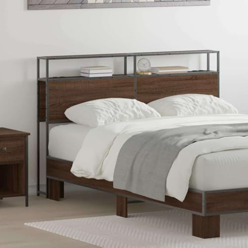 QUAHEAS Stauraum-Kopfteil Braun Eichen-Optik 140 cm, Holzwerkstoff mit integrierten Regalen und Ladestation, modernes Bett Kopfteil für Schlafzimmer