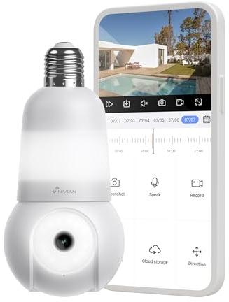 NIVIAN Telecamera di sorveglianza WiFi Tipo Lampadina E27 2K - Movimento a 360° con Audio, Luce, Riconoscimento e Monitoraggio Umano-Visione Notturna, Compatibile con Alexa, Google Home, Tuya App