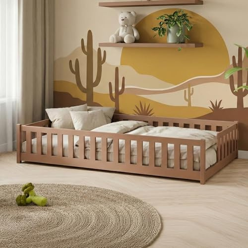 Kids Collective Kinderbett Bodenbett mit Rausfallschutz & Lattenrost Montessori Bett Bed Gitterbett Kinder Jugendbett Einzelbett | 90x190 cm | Zimt