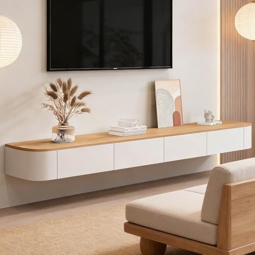 Meuble TV Flottant Mural en Bois avec Rangement Et Tiroirs Étagère TV Suspendue avec Portes Et Gestion des Câbles Console Multimédia Murale pour Salon Chambre Bureau 120-300 Cm(Natural+White,160cm)
