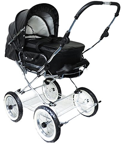 Eichhorn 417RFS-L02-AIR-FTC Kombikinderwagen mit Lederriemengestell mit Schiebehöhenverstellung Echtledervariante mit Fester Tragetasche LuxVariante, Luftrad, schwarz/weiß