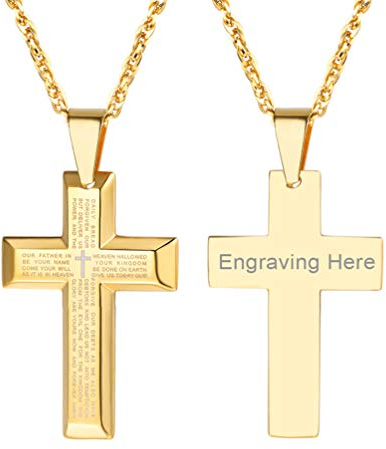 PROSTEEL Vaterunser Kreuz Anhänger Halskette 18k vergoldet Edelstahl Kreuzanhänger mit Englischer Inschrift Bibel Gebet Schmuck für Herren Damen, Gold