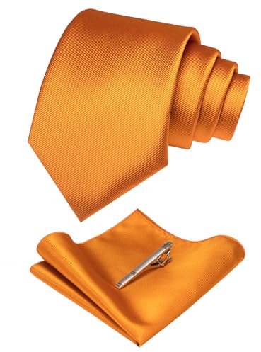 RBOCOTT Orange Silk Tie and Pocket Square, Necktie Tie Clip Set for Men (9)