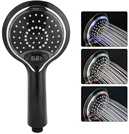 LED Duschkopf 3 Farbwechsel Wassersparend Handbrause mit Digital Temperatur Anzeigen Badezimmer Zubehör (Schwarz)