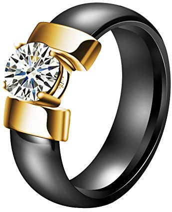 PAURO Damen Schmuck Hoch Poliert Mit Zirkon Engagement Hochzeit Band Ringe Keramik Schwarz Gold Größe 54 (17.2)