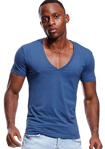 Deep V Neck T Shirt for Men Low Cut Stretch Tee Vee Top Short Sleeve Navy M