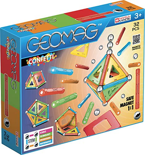 GEOMAG - CLASSIC CONFETTI - 32 Teile - Magnetische Baustein für Kinder ab 3 Jahren - Hergestellt in der Schweiz - Magnetisches Konstruktionsspielzeug mit 12 Stäben, 9 Kugeln, 11 Fliesen - STEM