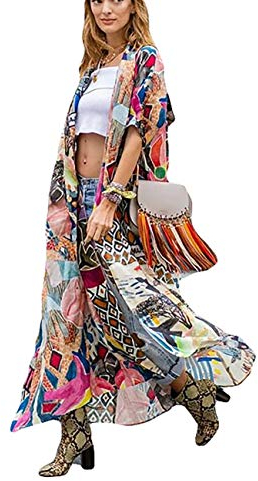 Bsubseach Women Loose Print Short Sleeve Bikini Swimsuit Cover Up Swimwear Kimono Cardigan Long Blouses
