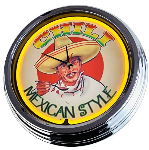 US-Way.de Chili Mexican Style – 44 cm Durchmesser, Deko-Wanduhr ohne Tickgeräusche und gut lesbares Display, USA 50er-Jahre-Stil Neon-Uhr für Küche, Büro (Gelb)
