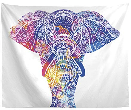 TOKYMOON Psychedelic Elefant Tapisserie Wandteppich Indisch Hippie Wanddeko Wandbehang Wandtuch Tischdecke für Schlafzimmer Wohnzimmer Bohemian Picknick Decke indische Wandbehang Weiß 150 x 130cm