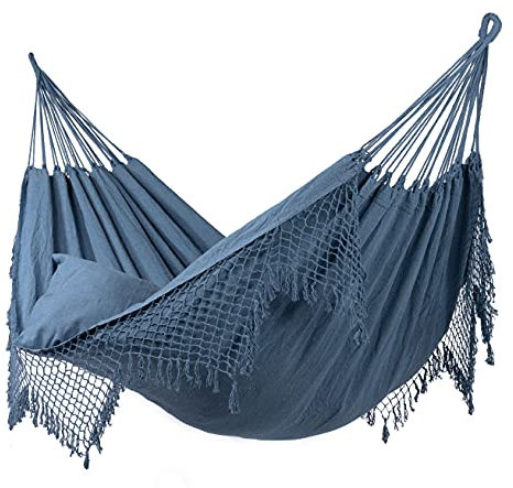 Tropilex Hamac de Jardin à Franges 2 Places | Hamac Double d'Exterieur Capacité 180 kg Colombien | Camping | Fabriqué à la Main | Style Boheme Sublime Bleu Jeans 350 cm