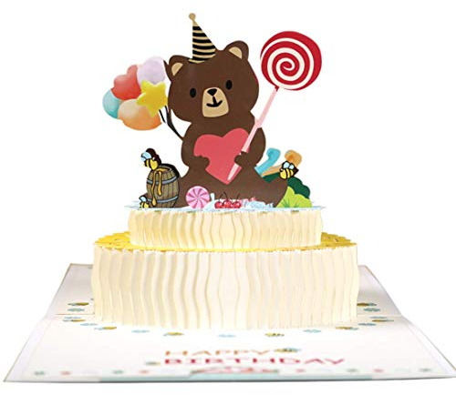 Pop Up Karte mit Geburtstagskuchen,3D Geburtstagskarte mit Kleiner Bär,Happy Birthday Karte mit Umschlag