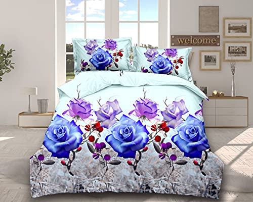 THL 4 Pcs Complete Bedding Set 3D Design Floral Printed Duvet Cover with Fitted Sheet Pillowcases (Blue Purple Rose 361, Super King)