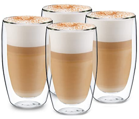 GLASWERK Latte Macchiato Gläser Design doppelwandig (4 x 450 ml) Cappuccino Tassen - doppelwandige Borosilikatgläser - Teegläser spülmaschinengeeignet Kaffeebecher Set
