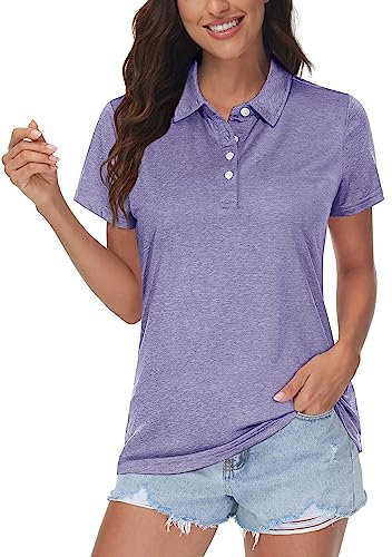 MAGCOMSEN Polohemd Damen Meliert Sportshirts Schnell Trockend Polo T-Shirts Tennis Yoga Kurzarm Damen Stretch Sommershirts Klassisch Gym Trainingsshirts Hellviolett S