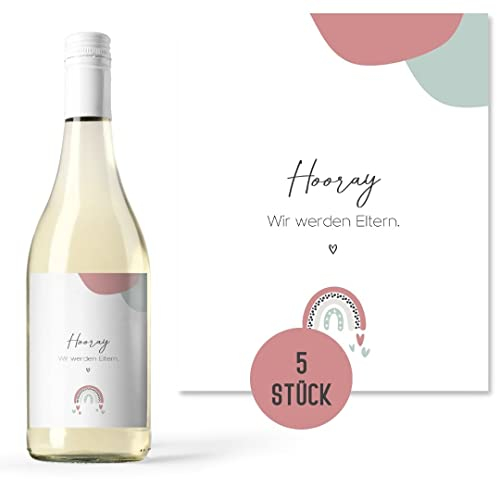 Flaschenetiketten Schwangerschaft verkünden (5 Stück) | Geschenk Babyparty oder Geburt Baby | Aufkleber Weinflasche, Sektflasche selbstklebend (Baby Edition #5 Dunkelrot Boho)