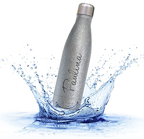 Sprengers – Personalisierbare Glitzer Trinkflasche aus Edelstahl – auslaufsichere & thermoisolierte Wasserflasche hält Getränke bis zu 18 Stunden warm oder kalt (0.5 l, Silber Glitzer)
