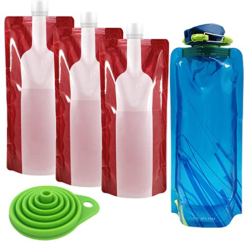 AIFUDA - Bolsa de vino plegable, 5 unidades, bolsas de plástico para botellas de agua, bolsa de vino para llevar (750 ml), bolsa de agua plegable (700 ml) para bebidas alcohólicas de vino, viajes