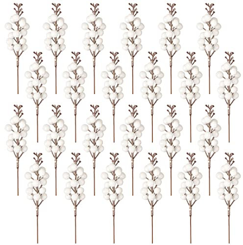 24 Piezas Decoración de Bayas Blanco,Palillos Artificiales de Bayas Rojas Acebo Bayas Rojas Ramas Tallos de Bayas navideñas para el árbol de Navidad Temporada de Vacaciones Decoración de Invierno