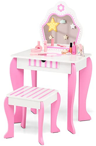 DREAMADE Coiffeuse 2 en 1 Enfants avec Miroir&Tabouret 3 à 7 Ans,Table de Maquillage Princesse en Bois avec Plateau Amovible&Bureau,Blanc+Rose