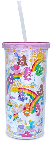 Toynk Care Bears Gobelet de voyage en plastique avec couvercle et paille réutilisable – Capacité : 591 ml – Motif étoiles arc-en-ciel