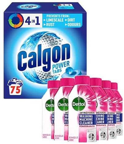 Calgon 4-in-1 Washing Machine Cleaner and Water Softener Tablets, 75 Count + Dettol Washing Machine Cleaner Pomegranate, Pack of 6 x 250 ml, Removes Limescale, Residue, Dirt, Odours & Rust