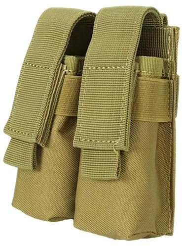 YONCONO Tactical Double Pistol Mag Pouch, Multi-tool Organizer Holder Flashlight Bag, Military Molle Magazine Ammo Pouch for 1911 Glock 9mm (Tan)
