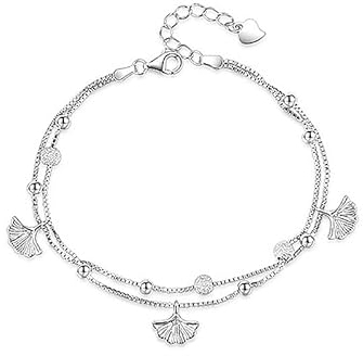 BSLVWG Damenarmband Elegantes Silber Gingko Bead Double Layer Armband Chain Layered Bracelet Einstellbare Freundschaft Link Armband Schmuck für Frauen und Mädchen (01)