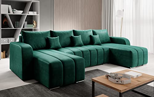 Easy4You Pufetto Velours Flasche Grün Ecksofa U-Form 320 x 80 x 147 cm mit Schlaffunktion und Bettzeugbehälter - Schlafsofa mit Bettkasten - Eckcouch mit Stauraum – Stoff: Manila 35