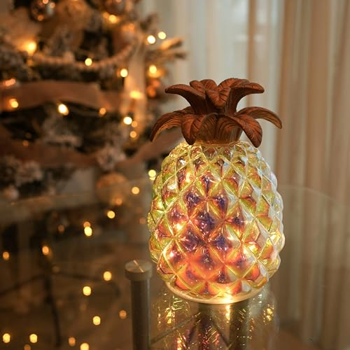 hvfun 17,8 cm leuchtende Quecksilberglas-Ananas mit Timer, batteriebetriebene Tischdekoration, magische Farben in der Sonne, perfekt für die Weihnachtsdekoration