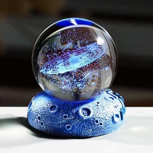 Movdyka 3D Solar System Crystal Ball Planets Engraved with Space Lights Base Astronomy Gifts for Men Him, 6cm/2.36 in. Glass Globe Science Universe Model Cosmic Ornaments for Kids Celestial Decor