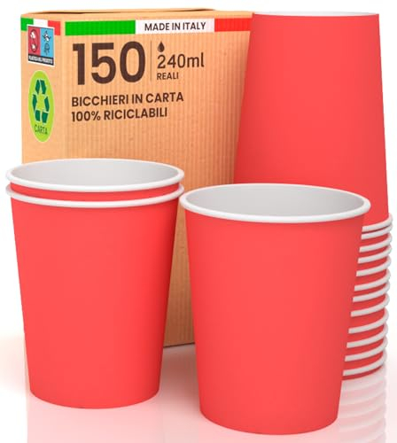 150 vasos de papel de 240 ml, ecológicos, biodegradables, desechables, fabricados en Italia, para llevar bebidas calientes, agua, de colores rojos, fabricados y envasados en Italia