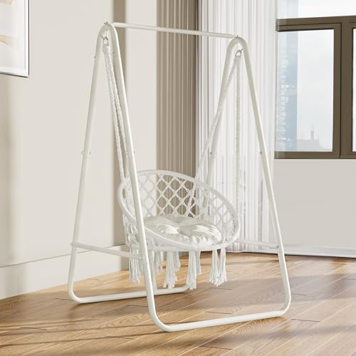 YITAHOME Chaise Suspendue avec Support, 85 x 92 x 153 cm, Balancelle avec Coussin, Support de Hamac en Acier Robuste avec Capacité de 100 kg pour Salon, Chambre, Cour, Jardin, Blanc