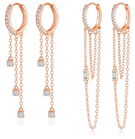Kamise Creolen Silber Ohrringe Hängend, 2 Paar 925 Sterling Silber Creolen Ohrringe Set für Damen, Hypoallergen Hängeohrringe mit Lange Quaste Ketten, Rosegold Kreolen Ohrringe Ohrhänger mit Zirkonia