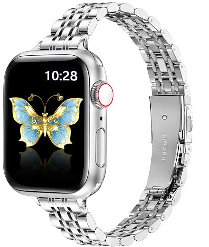 Vamyzji Slim Stainless Steel for Apple Watch Strap 40mm 42mm(Series 11 10) 41mm 38mm, Thin Women ladies Metal Adjustable Chain iWatch Strap for Apple Watch SE, Series 11 10 9 8 7 6 5 4 3 2 1, Silver