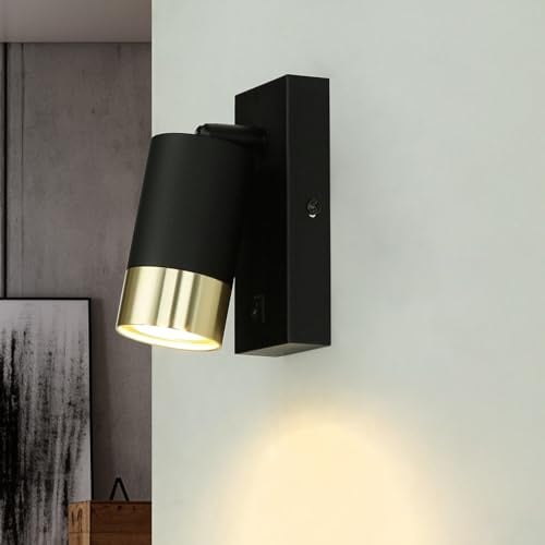 Licht-Erlebnisse Kleine Wandlampe mit Schalter, Wandleuchte Innen Schwarz, Gold, Wandspot, Schlafzimmer Bett, GU10, T:6 cm, verstellbar, akzentuiert, Wohnzimmer, Wandlampe Küche