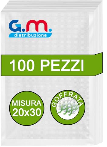 GM 100 Sacchetti Sottovuoto Alimenti Goffrati per Alimenti 20x30 - Adatti a Tutte le Macchine Sottovuoto - Buste Alimenti per Conservazione e Cottura - Sacchetti Trasparenti Senza BPA