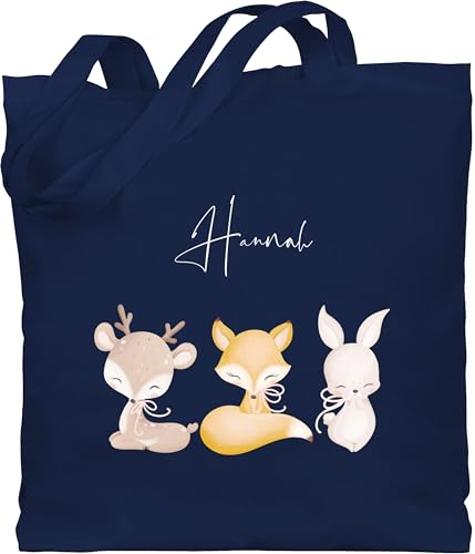 Baumwolltasche - Tiere - Reh Fuchs Hase süße Waldtiere mit Name - Unisize - Navy Blau - personalisierter beutel wechselkleidung kindergarten stoffbeutel personalisierte tasche kinder tiermotiv