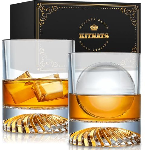 KITNATS Bicchieri da whisky in cristallo soffiato a mano, stile antico, bicchieri da cocktail, bourbon, scotch, rum, vodka, liquore, 340 g, set di 2 regali per uomo
