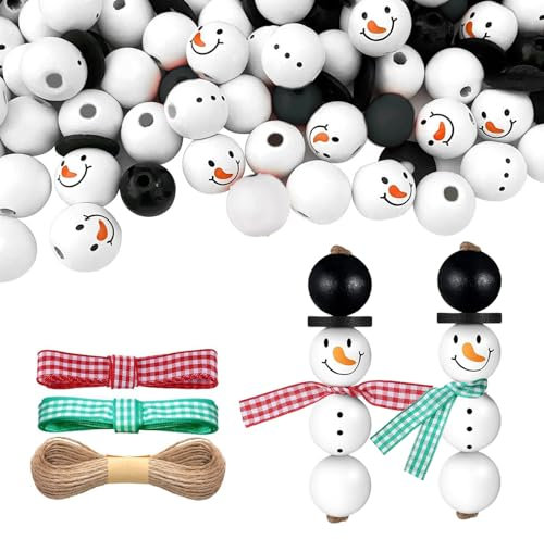 KPYZLBD 100 Stück Weihnachten Holzperlen Natur, Schneemann Bastelset Weihnachten, 20mm Holzköpfe mit Gesicht, mit Hanfseil und Dekorativem Gurtband, Weihnachten Basteln, Deko Weihnachten
