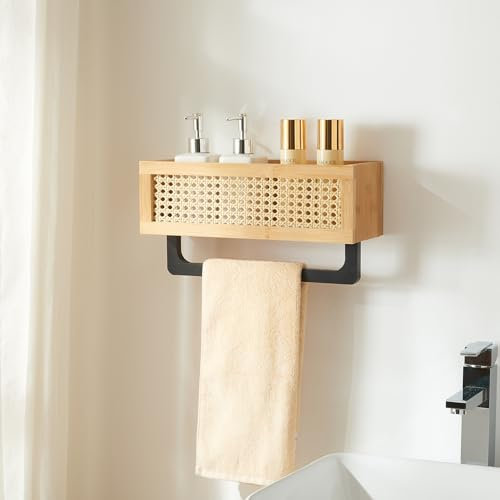 [en.casa] Wandregal Tervola Badezimmerregal mit Handtuchhalter Hängeregal 36 x 13 x 19 cm Bambus Küchenregal Schwebendes Regal mit Handtuchstange in Rattanoptik
