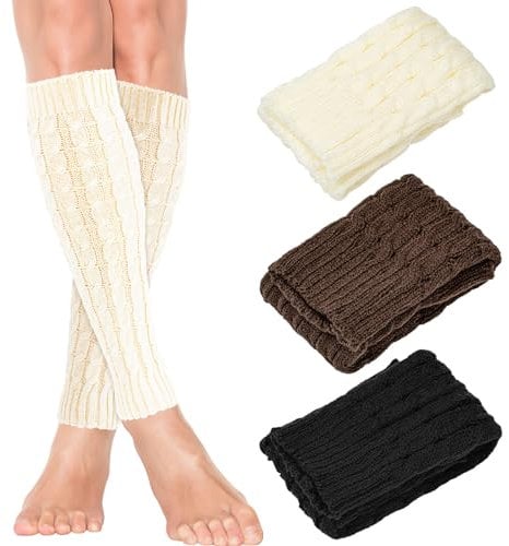 3 Pairs Leg Warmers, Knit Leg Warmer for Women Ladies Men, Y2K Ankle Warmers Leg Knee Sleeve for Boot 80s Party Yoga Ballet Dance Ice Skating Accessories, Winter Essential-Wh Blc Br