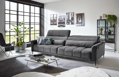 Big-Sofa >Wolve< in grau, elektrische XXL-Sitztiefenverstellung rechts, Nosagunterfederung, Polyätherschaum, 2 manuell verstellbare Kopfteile, inkl. 2 Zierkissen (Nierenkissen), 280x108x118 cm (BxHxT)