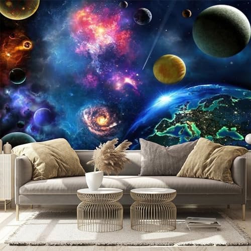 Cosmic Elements Including Galaxies and Earth - Custom Size Wall Murals Self-Adhesive Removable Large Photo Wallpaper for Living Room, Bedroom, Bathroom, Office, Dining Room, Children's Room